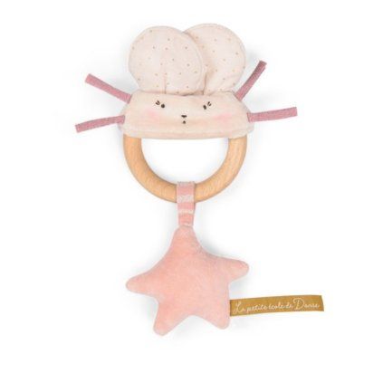 MOULIN ROTY Chrastítko s dřevěným kroužkem Pink mouse