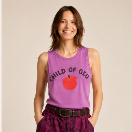 SISTERS DEPARTMEN Sleeveless round neck top Fuschia w/ "child of God" print