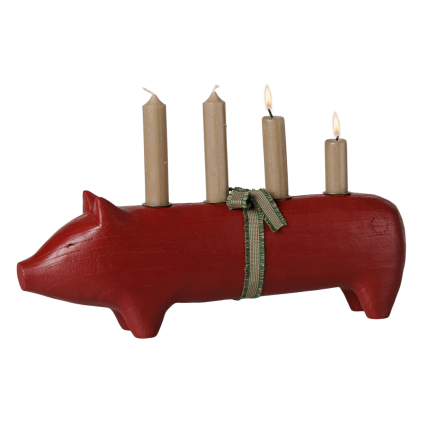 MAILEG Dřevěný svícen Pig Advent large red S26 (1)